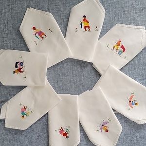 Embroidered 8 Cotton Napkins Mexican or Guatemalan Motif. A Few Small Stains.